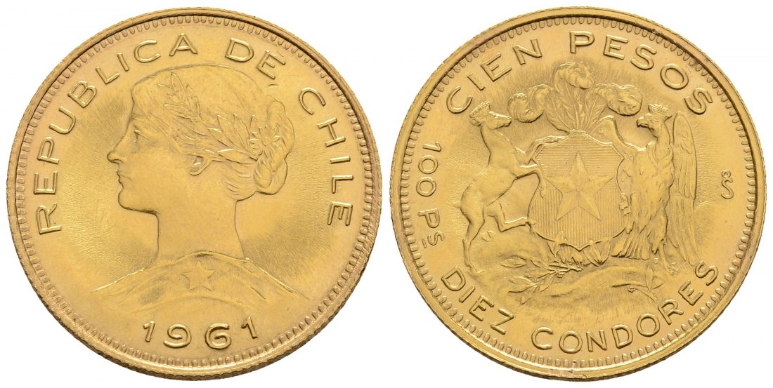 PEUS 3353 Chile 18,31 g Feingold 100 Pesos GOLD 1961 Fast Stempelglanz