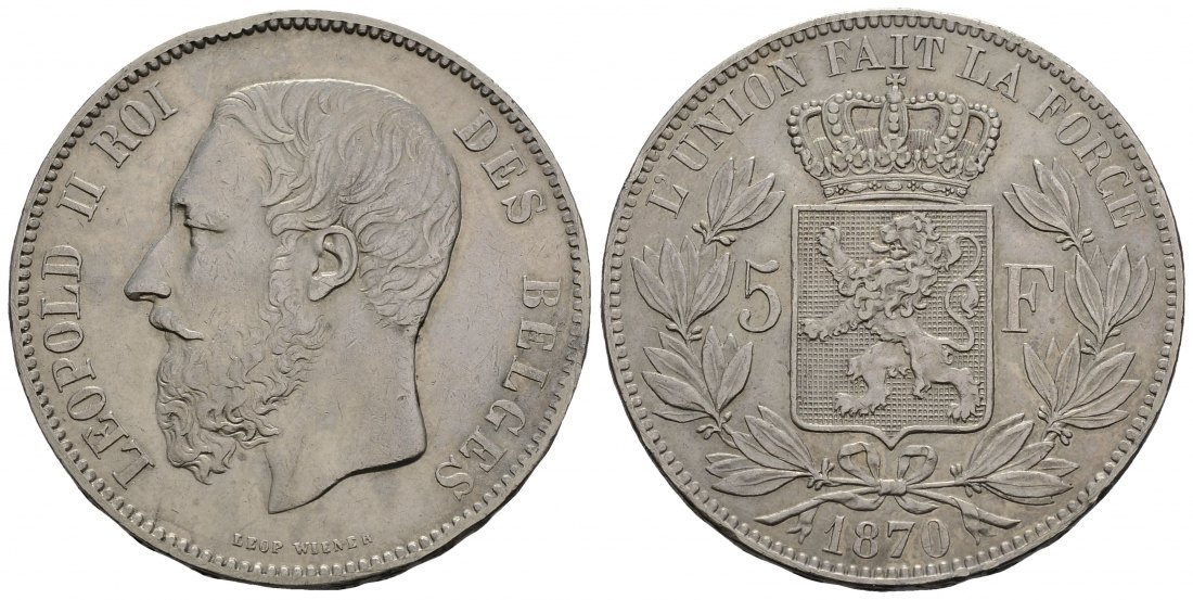 PEUS 3357 Belgien 22,5 g Feinsilber. Leopold II. (1865 - 1909) 5 Francs SILBER 1870 Kl. Randfehler, Sehr schön +