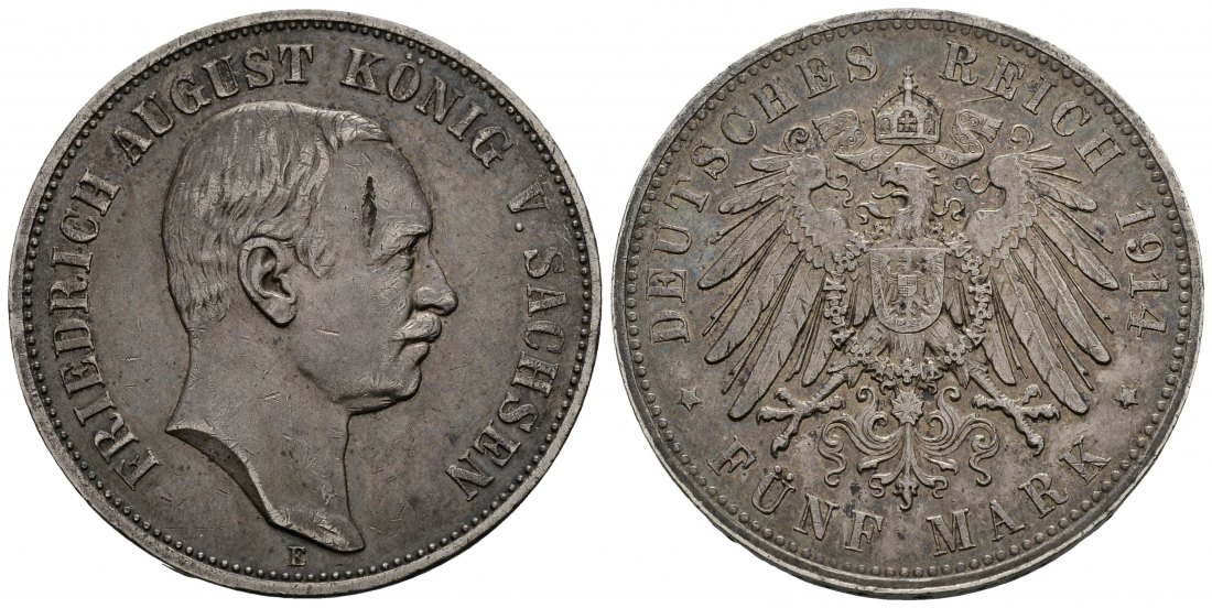 PEUS 3358 Kaiserreich - Sachsen Friedrich August III. (1904 - 1918) 5 Mark 1914 E Kratzer, Sehr schön
