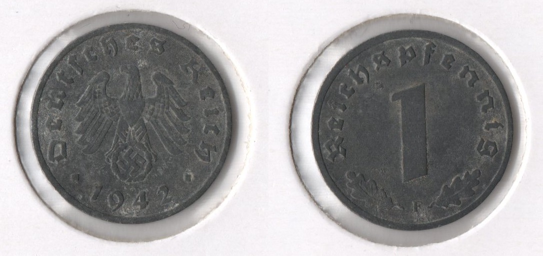  Drittes Reich 1 Reichspfennig 1942 -F- (2) Zink *ss+/f.vz* Jaeger 369.   