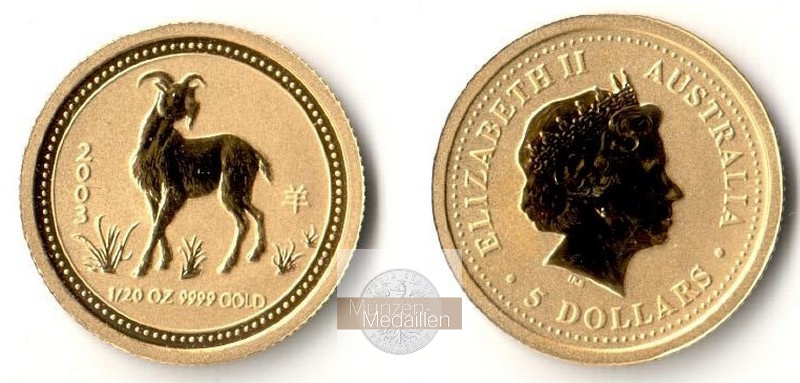 Australien  5 Dollar  2003 MM-Frankfurt Feingold: 1,56g Jahr der Ziege  
