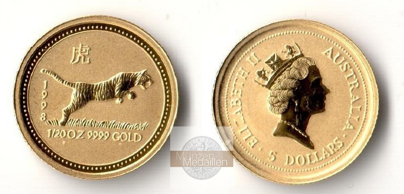 Australien  5 Dollar  1998 MM-Frankfurt Feingold: 1,56g Jahr des Tigers  