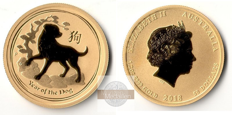 Australien MM-Frankfurt Feingewicht: 15,55g Gold 50 Dollar - Hund - Lunar II 2018 