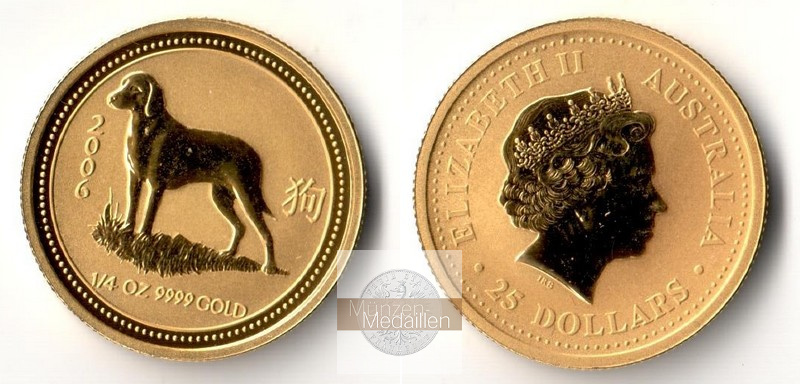 Australien MM-Frankfurt Feingewicht: 7,78g Gold 25 Dollar (Hund) 2006 stempelglanz