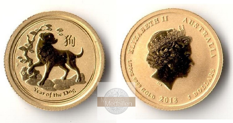 Australien 5 Dollar MM-Frankfurt Feingewicht: 1,55 g Gold Hund - Lunar II 2018 
