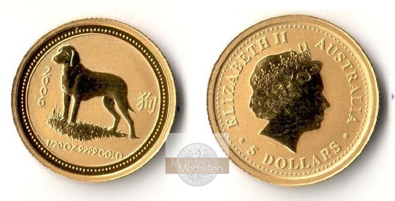 Australien MM-Frankfurt Feingewicht: 1,55g Gold 5 Dollar (Hund) 2006 stempelglanz