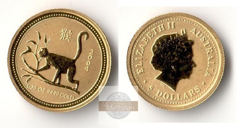 Australien 5 Dollar MM-Frankfurt Feingewicht: 1,55 g Gold Jahr des Affen Lunar I 2004 