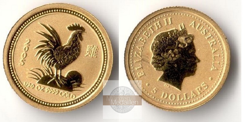 Australien  5 Dollar  2005 MM-Frankfurt Feingold: 1,55g Jahr des Hahns Lunar I  