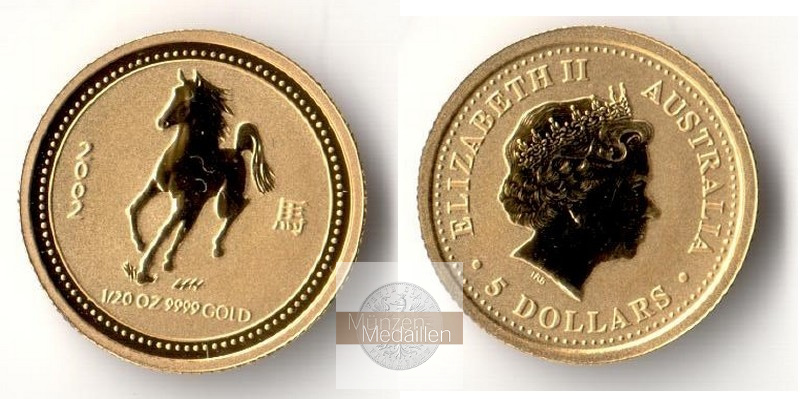 Australien 5 Dollar MM-Frankfurt Feingewicht: 1,56 g Gold Jahr des Pferdes Lunar I 2002 