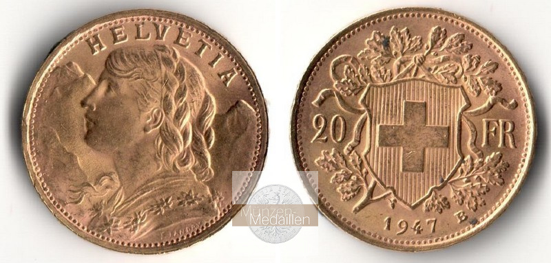 Schweiz  20sFR  1947 B MM-Frankfurt Feingold: 5,81g Vreneli  