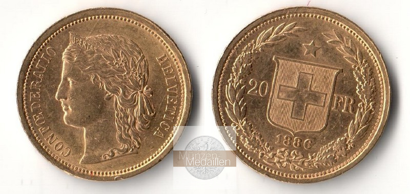 Schweiz MM-Frankfurt Feingewicht: 5,81g Gold 20 sFR Helvetica 1886 