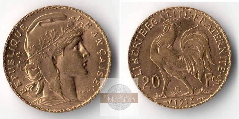 Frankreich  20 Francs  1913 MM-Frankfurt Feingold 5,81g Marianne  