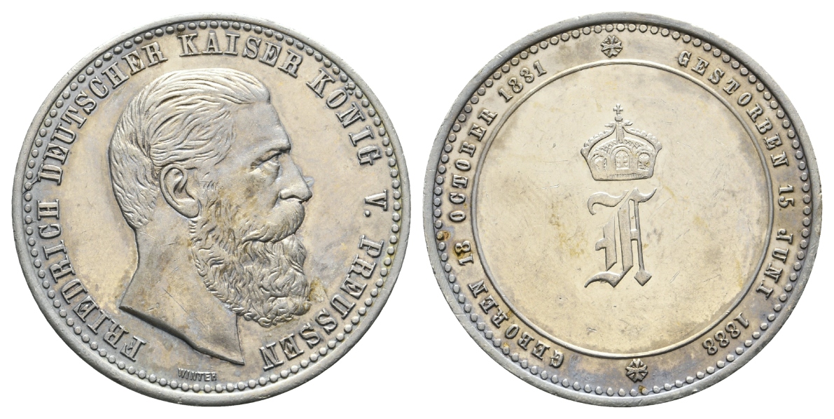  Preussen, Medaille 1888; Silberlegierung; 16,78 g, Ø 39 mm   