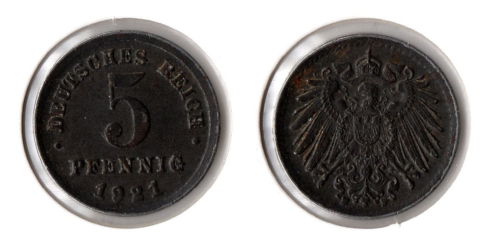  1. Weltkrieg 5 Pfennig 1921 -F- (Fe) Ersatzmünze Jaeger 297. ss   