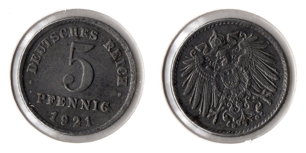  1. Weltkrieg 5 Pfennig 1921 -G- (Fe) Ersatzmünze Jaeger 297. vorzüglich   