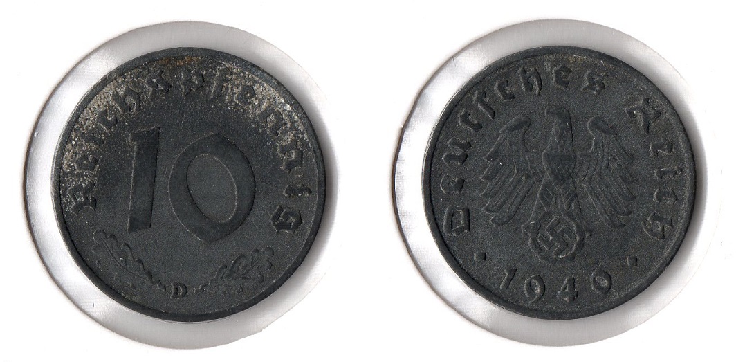  Drittes Reich 10 Reichspfennig 1940 -D- Zink (2) Jaeger 371. vorzüglich   