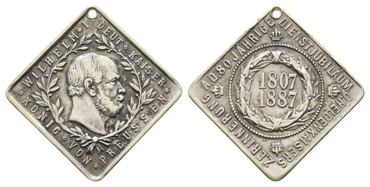  Preussen, Medaille 1887; Silberlegierung gelocht; 12,79 g, 27 x 27 mm   
