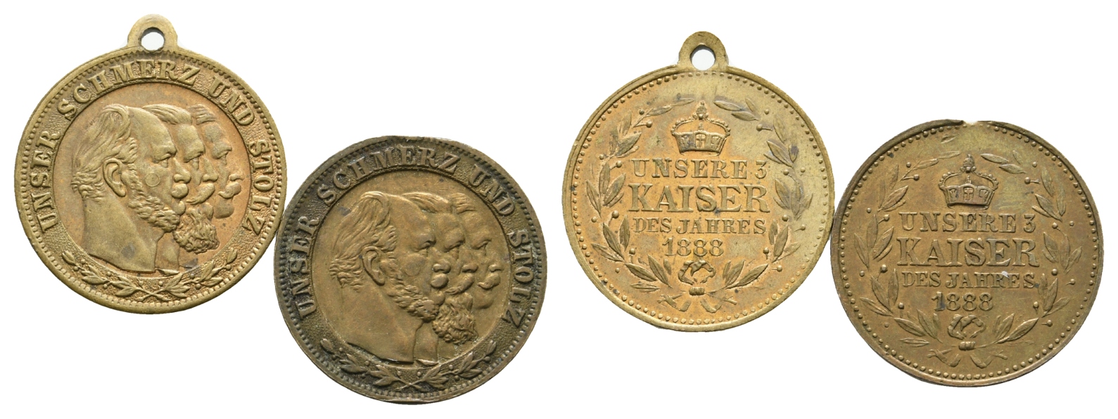  Preussen,2 Medaillen 1888; Bronze, tragbar, 1 entfernte Öse; 3,98/4,03 g, Ø 22 mm   