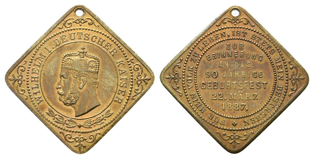  Preussen, Medaille 1887; Bronze, tragbar; 9,19 g, 26 x 26 mm   