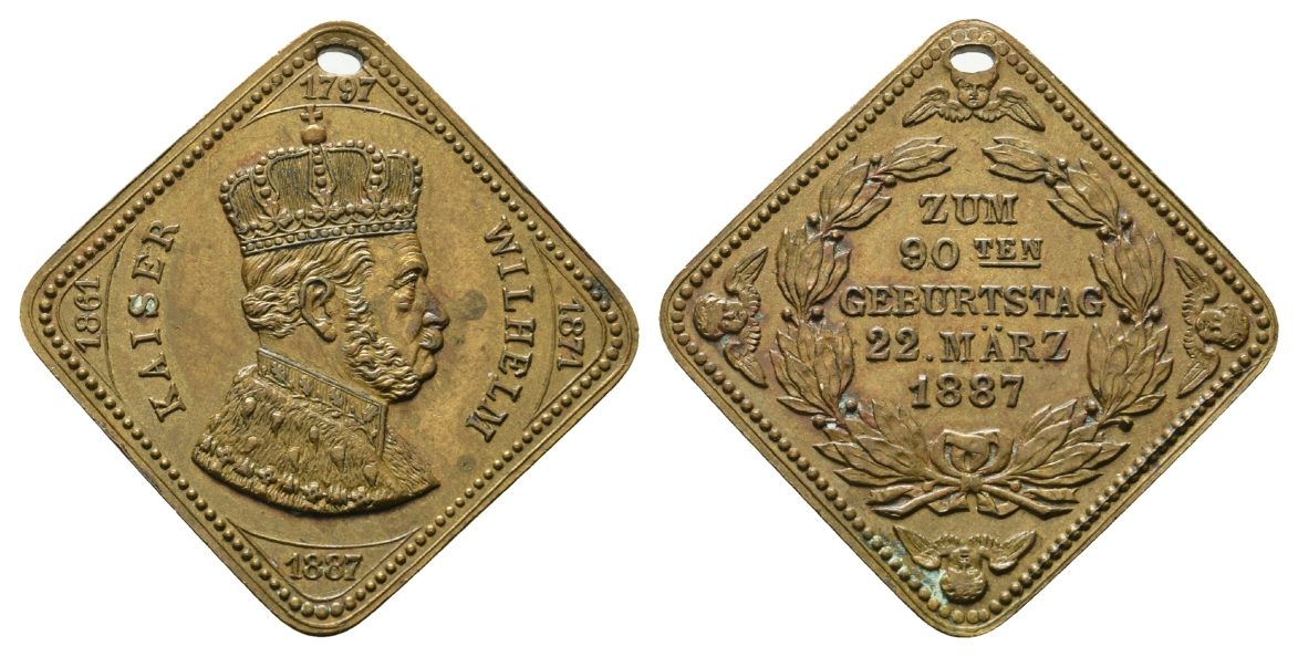  Preussen, Medaille 1887 Bronze, gelocht; 9,44 g, 28 x 28 mm   