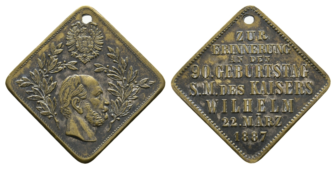  Preussen, Medaille 1887; Bronze, gelocht; 7,69 g, 25 x 25 mm   