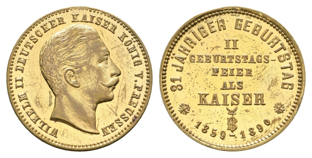  Preussen, Medaille 1890; Bronze vergoldet, entfernte Öse; 5,95 g, Ø 26 mm   