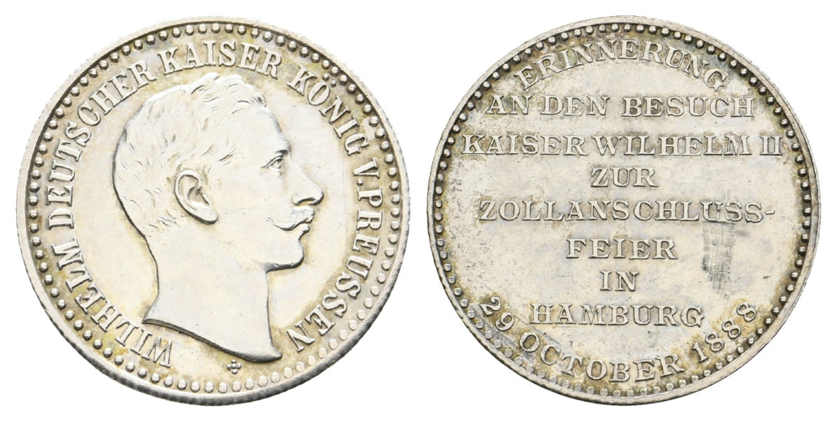  Preussen/Hamburg, Medaille 1888; Silberlegierung; 8,52 g, Ø 28 mm   