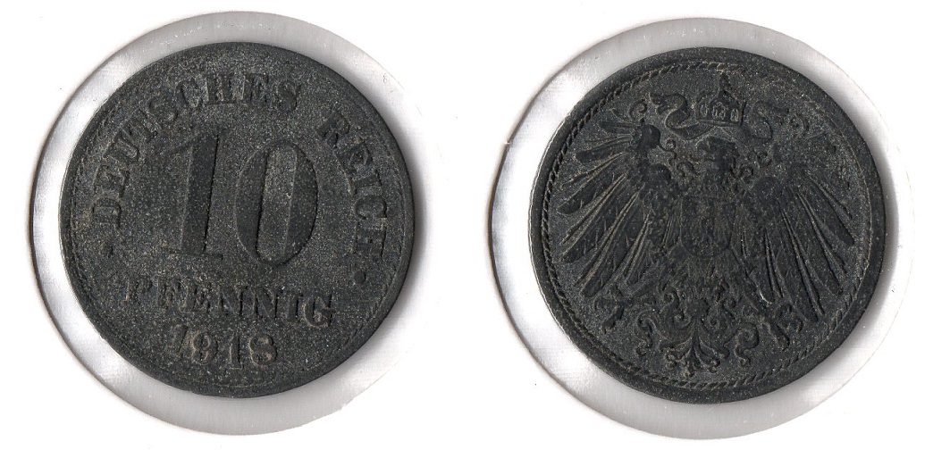 1. Weltkrieg 10 Pfennig 1918 o.Mzz (Zink) Ersatzmünze Jaeger 299. ss   