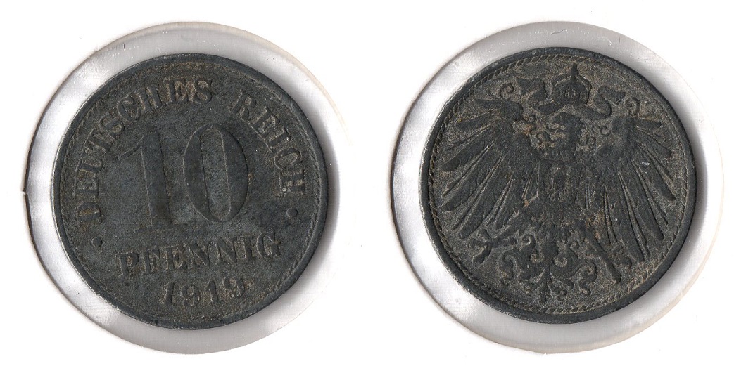  1. Weltkrieg 10 Pfennig 1919 o.Mzz (Zink) Ersatzmünze Jaeger 299. ss   