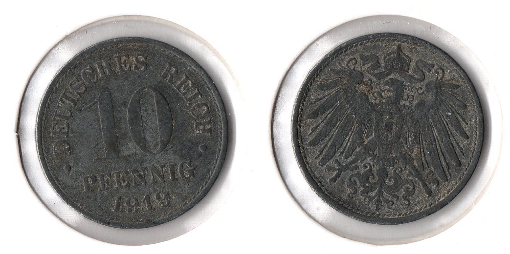  1. Weltkrieg 10 Pfennig 1919 o.Mzz (Zink) Ersatzmünze Jaeger 299. ss   