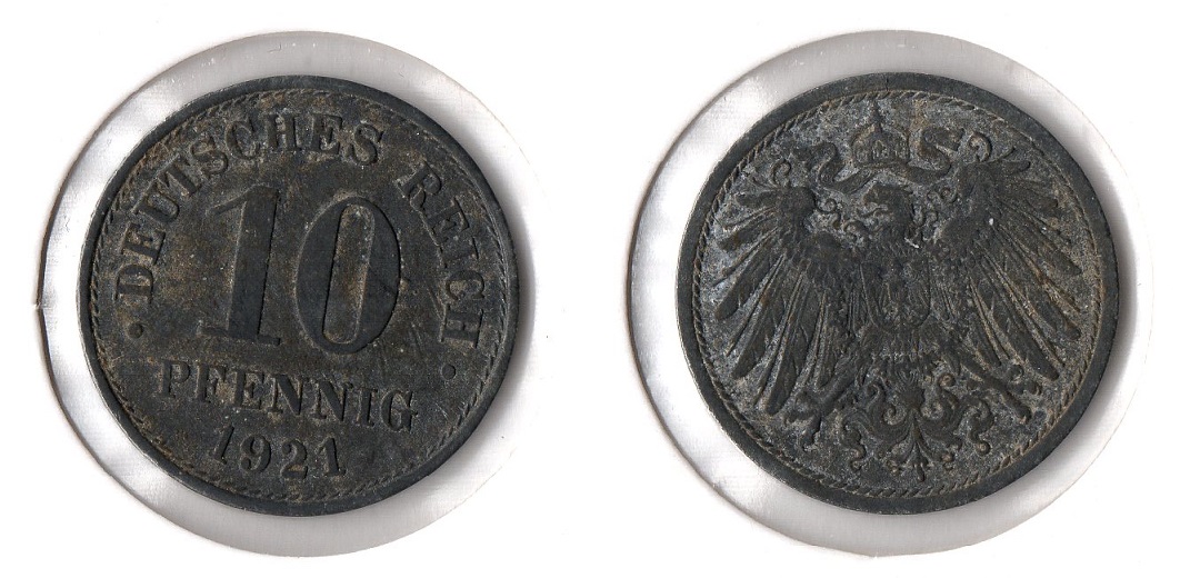  1. Weltkrieg 10 Pfennig 1921 o.Mzz (Zink) Ersatzmünze Jaeger 299. ss-vz   