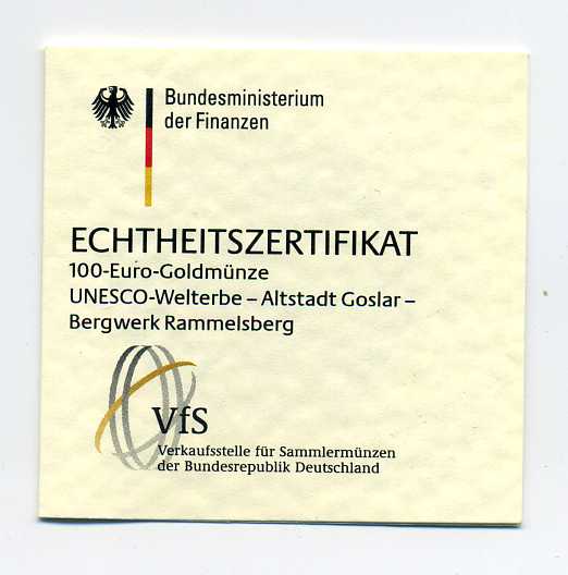  Zertifikat Original für 100 Euro Goldmünze 2008 Goslar nur Zertifikat !!!   