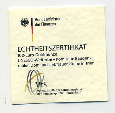  Zertifikat Original für 100 Euro Goldmünze 2009 Trier nur Zertifikat !!!   