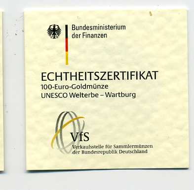  Zertifikat Original für 100 Euro Goldmünze 2011 Wartburg nur Zertifikat !!!   