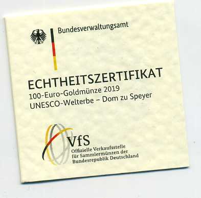  Zertifikat Original für 100 Euro Goldmünze 2019 Dom zu Speyer nur Zertifikat !!!   