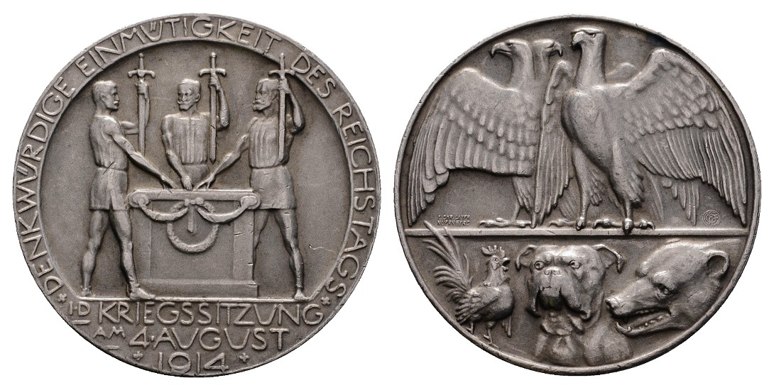  Linnartz 1. Weltkrieg Silbermedaille 1914 (Lauer) a.d. Kriegsbeginn vz-stgl Gewicht: 18,5g/990er   