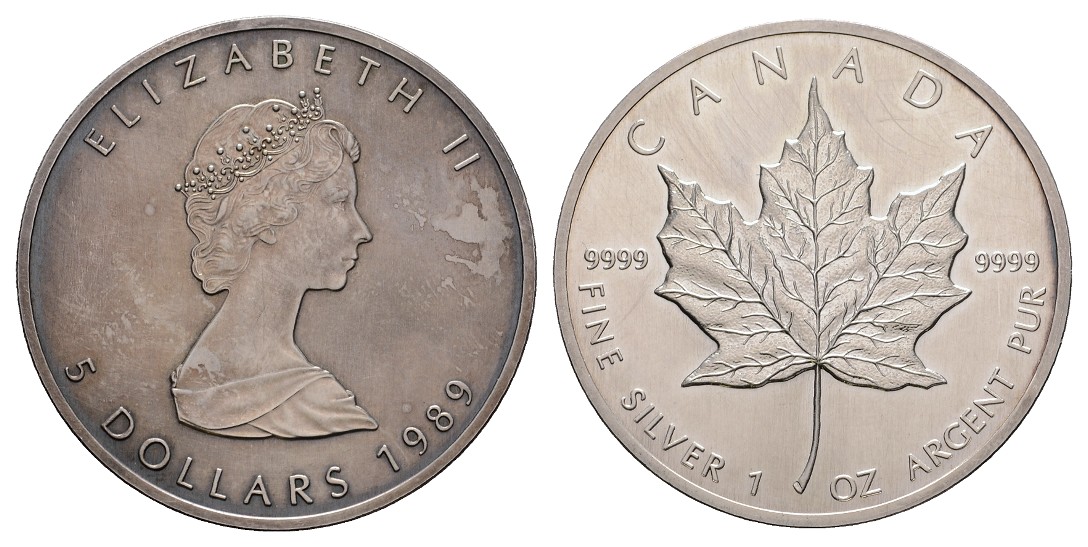  Linnartz Kanada 5 Dollar 1989, Maple Leaf, Feinunze Silber 31,1/fein, stgl   