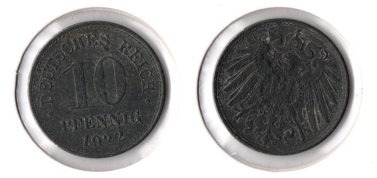  1. Weltkrieg 10 Pfennig 1922 o.Mzz (Zink) Ersatzmünze Jaeger 299. ss-vz   