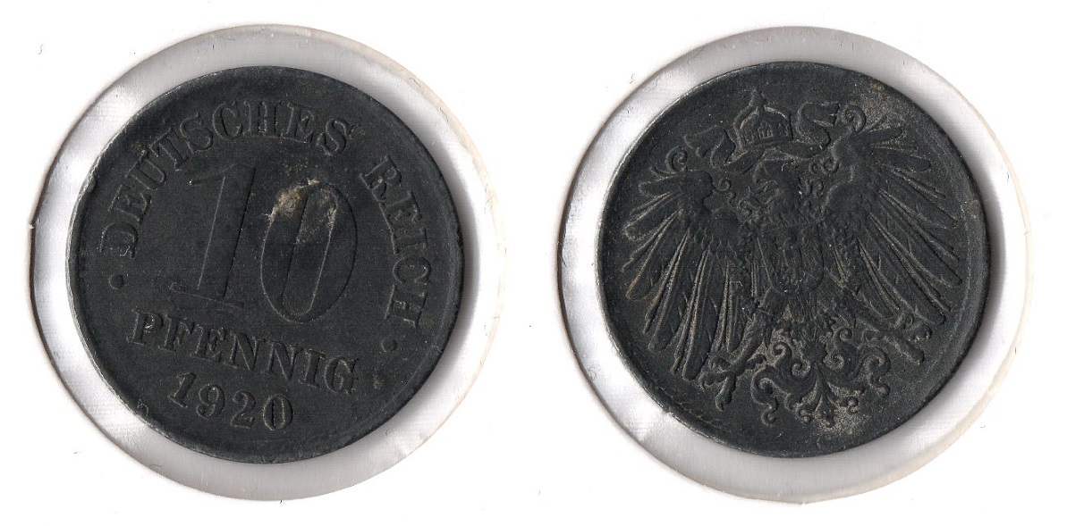  1. Weltkrieg 10 Pfennig 1920 o.Mzz (Zink) Ersatzmünze Jaeger 299. ss (2)   