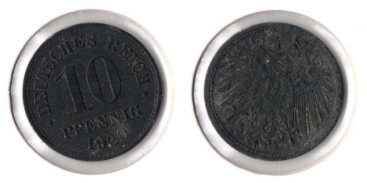  1. Weltkrieg 10 Pfennig 1920 o.Mzz (Zink) Ersatzmünze Jaeger 299. ss/f.vz   