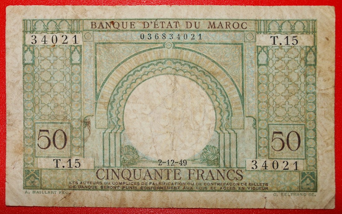  * LION AND ARCHES: MOROCCO ★ 50 FRANCS 1949! LOW START ★ NO RESERVE!   