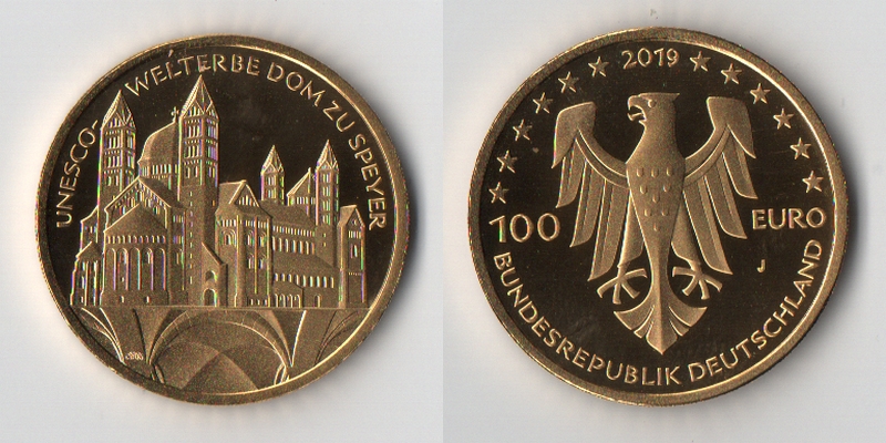 BRD  100 Euro  2019 J  UNESCO Welterbe MM-Frankfurt  Feingold: 15,55g Dom zu Speyer  