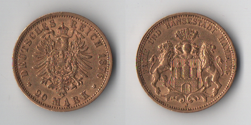 Hamburg, Kaiserreich  20 Mark  1876 J MM-Frankfurt Feingold: 7,17g   