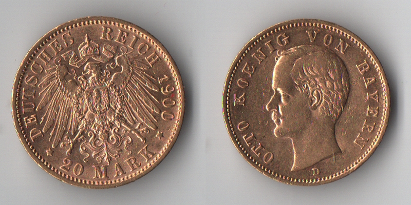 Bayern, Kaiserreich 20 Mark  D MM-Frankfurt Feingold: 7,17g Otto 1886-1913 1900 