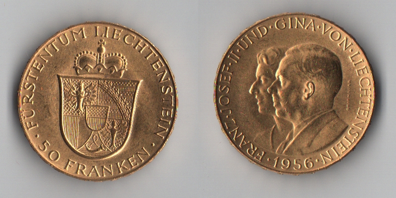 Liechtenstein MM-Frankfurt Feingold: 5,08g 25 Franken 1956 ss