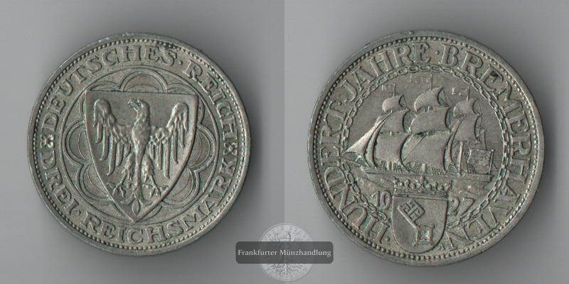  BRD, Weimarer Republik 3 Reichsmark  1927 A  Bremerhaven  FM-Frankfurt   Feinsilber: 7,5g   