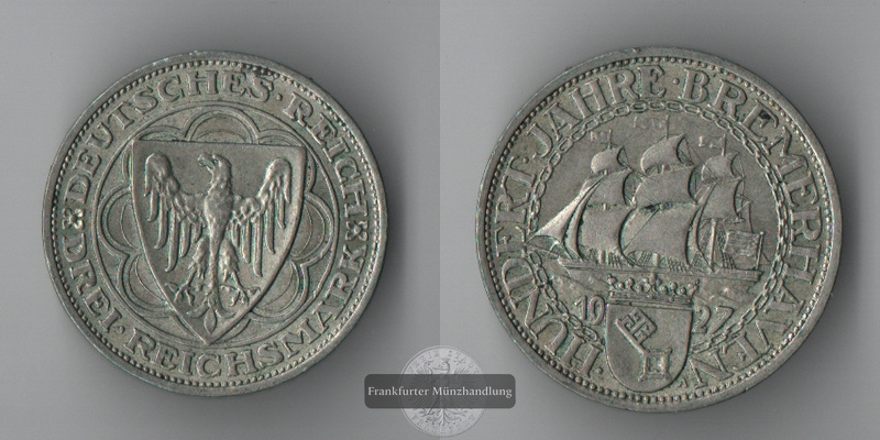  BRD, Weimarer Republik 3 Reichsmark  1927 A  Bremerhaven  FM-Frankfurt   Feinsilber: 7,5g   