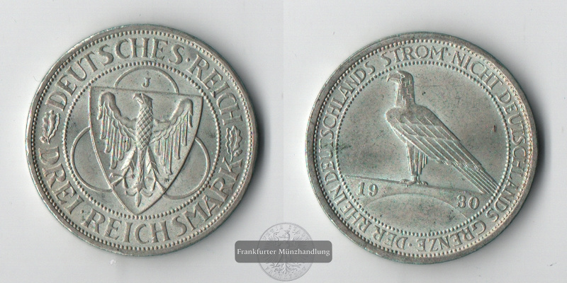  BRD, Weimarer Republik 3 Reichsmark  1930 J Zur Rheinland-Räumung  FM-Frankfurt Feinsilber: 7,5g   