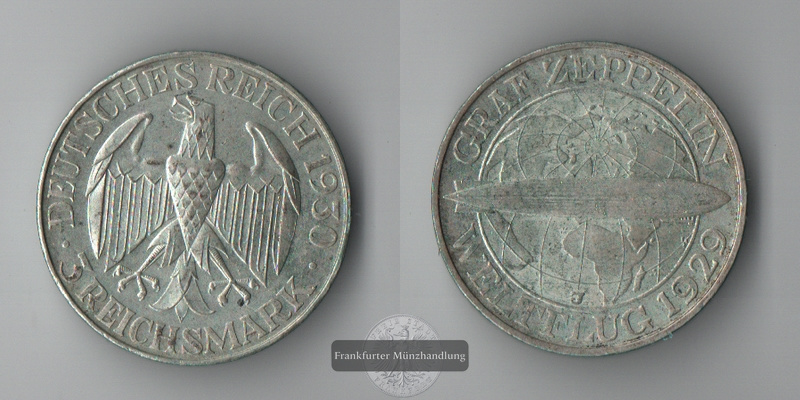  BRD, Weimarer Republik 3 Reichsmark  1930 J  Weltflug Graf Zeppelin  FM-Frankfurt Feinsilber: 7,5g   