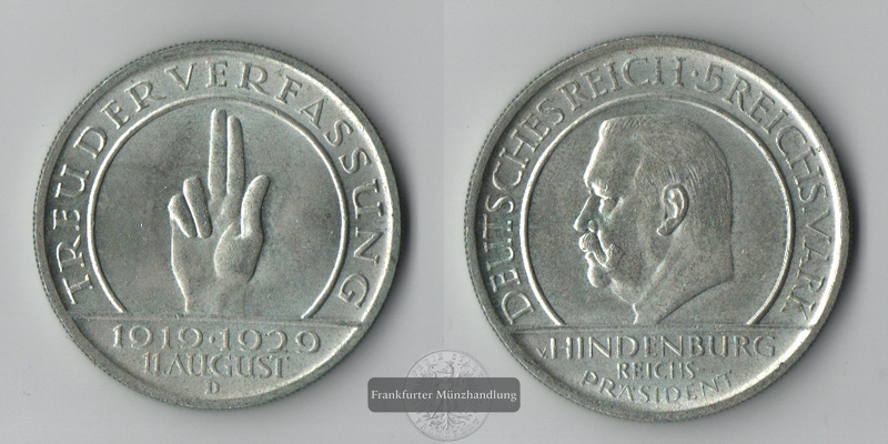  BRD, Weimarer Republik 5 Reichsmark 1929 D Weimarer Reichsverfassung FM-Frankfurt Feinsilber: 12,5   